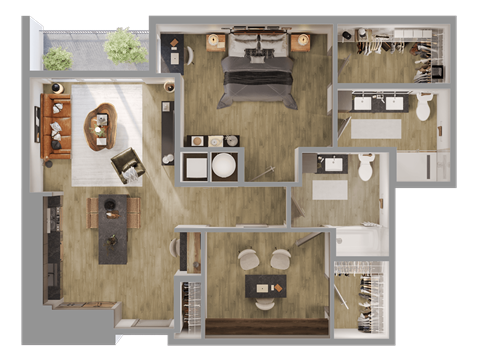 a 3d floor plan of a house with a bedroom and a living room at Bemiston Place Apartments, Clayton